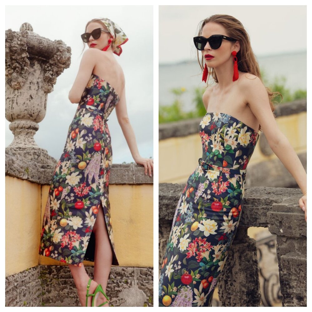 Sachin & Babi Fiore Strapless Floral-Print Mikado Midi Dress